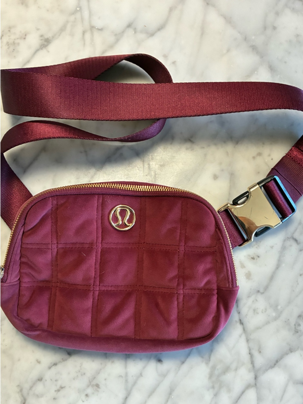 lululemon athletica Quilted Burgundy Crossbody Belt Bag with gold Hardware